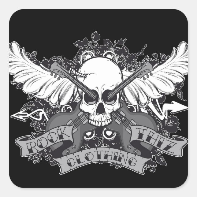 Rock Thiz Bekleidungssticker Skull, Wings & Gitarr Quadratischer Aufkleber (Vorderseite)