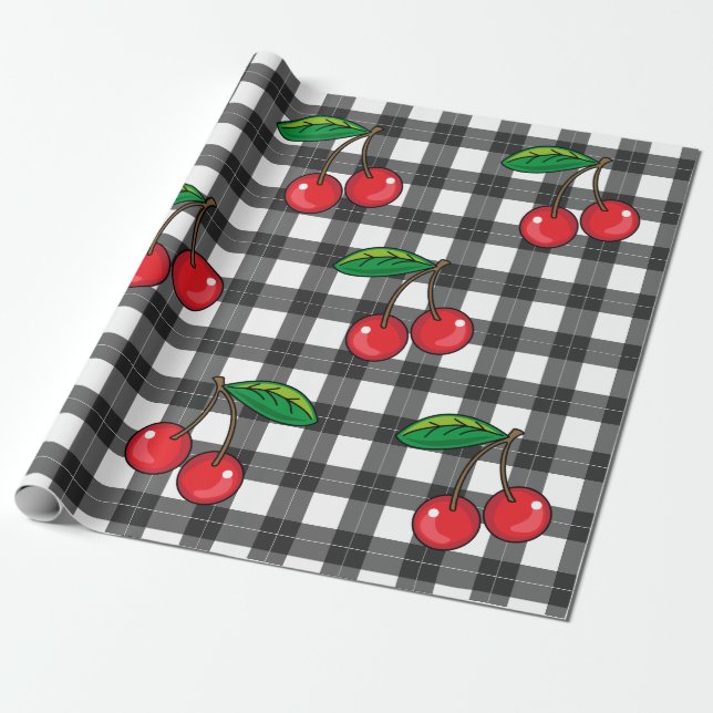Rockabilly Cherries aus den 50er Jahren auf Schwar Geschenkpapier (Ungerollt)