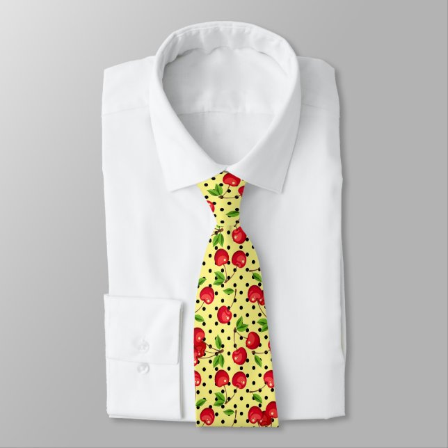 Rockabilly Cherries Polka Dots on Yellow Krawatte (Gebunden)