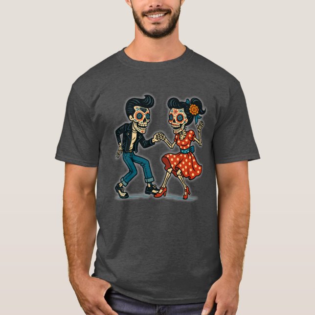 Rockabilly Día de los Muertos Skeleton Dance T-Shirt (Vorderseite)