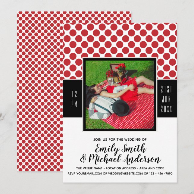 Rockabilly FOTO Wedding RED Punkts Schwarz Einladung (Vorne/Hinten)