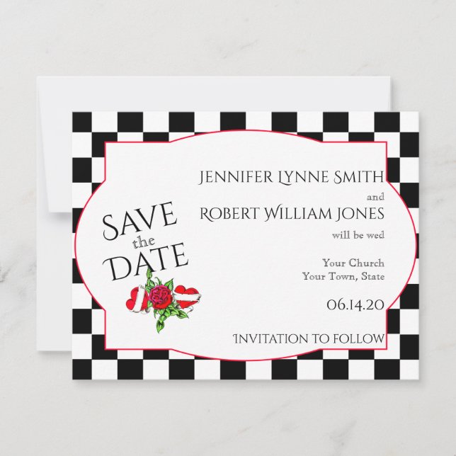 Rockabilly Hearts und Rose Hochzeit Speichern Sie  Save The Date (Vorderseite)