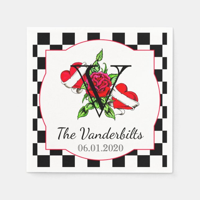 Rockabilly Hearts und Rose Wedding Napkin Serviette (Vorderseite)