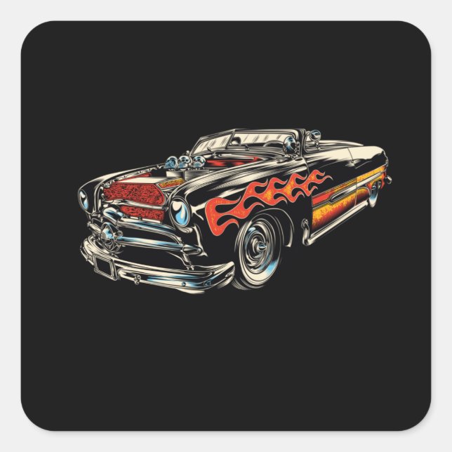 Rockabilly - Hotrod Car Flames - neg Quadratischer Aufkleber (Vorderseite)