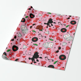 Rockabilly Poodles Kirschen und Würfel Geburtstag Geschenkpapier