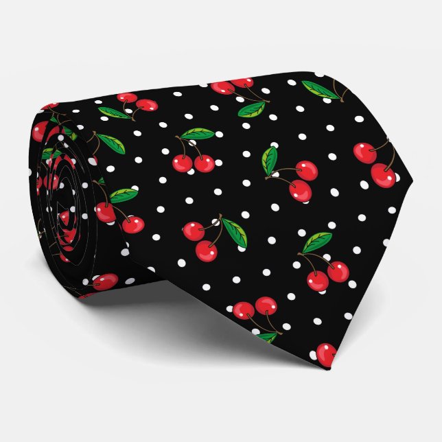 Rockabilly Red Cherries and Polka Dots Black Krawatte (Gerollt)