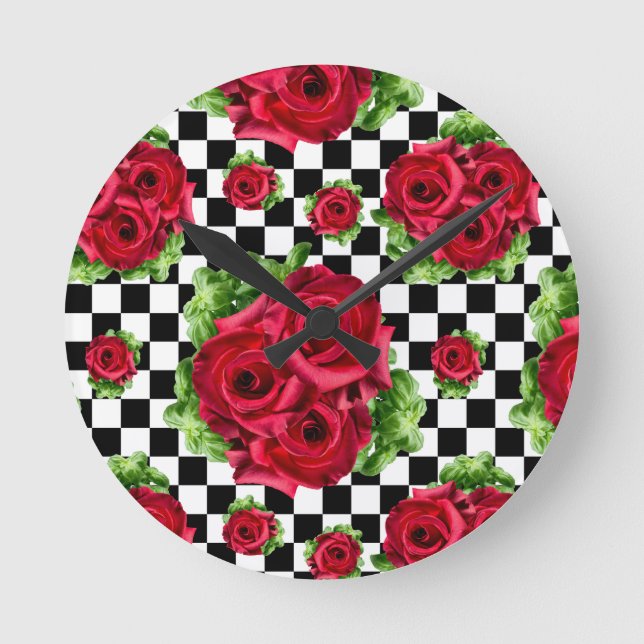 Rockabilly Red Roses Bouquet Floral Love Runde Wanduhr (Vorderseite)