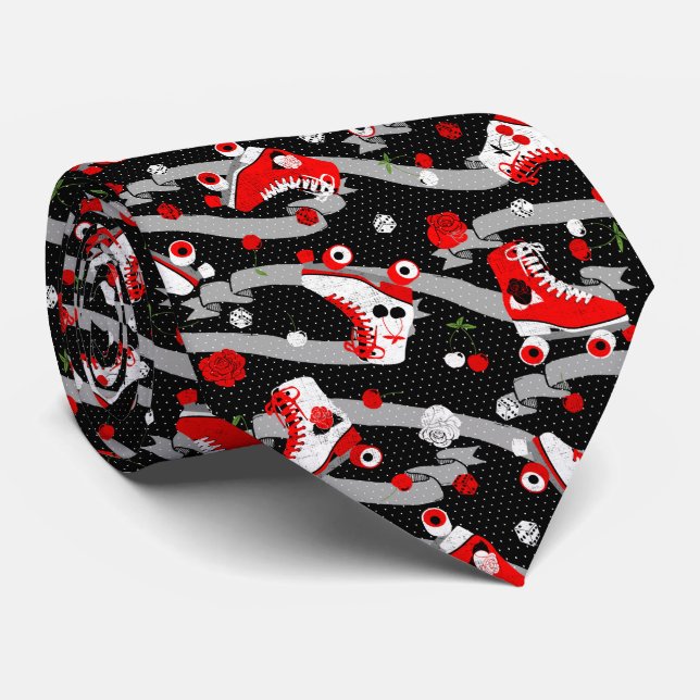 Rockabilly Retro Roller Skaten Muster Krawatte (Gerollt)