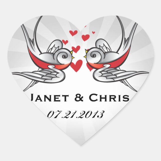 Rockabilly Tattoo Swallows Wedding Save the Date Herz-Aufkleber (Vorderseite)