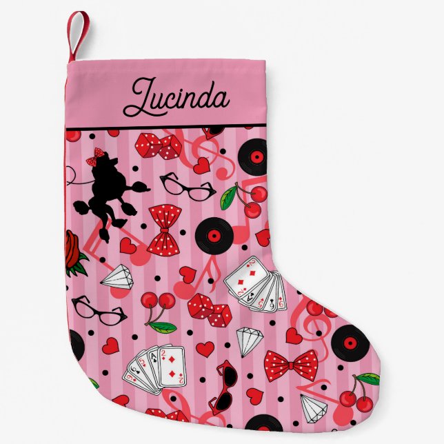Rockabilly Themed Pink Retro 50er Gemustert Kleiner Weihnachtsstrumpf (Vorderseite)