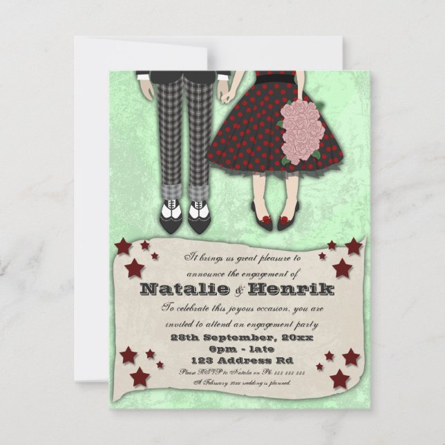 Rockabilly Wedding, 4,25x5,5 Verlobung Einladung (Vorderseite)