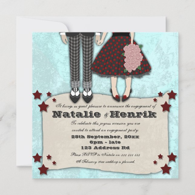 Rockabilly Wedding, 5,25x5,25 Verlobung Einladung (Vorderseite)