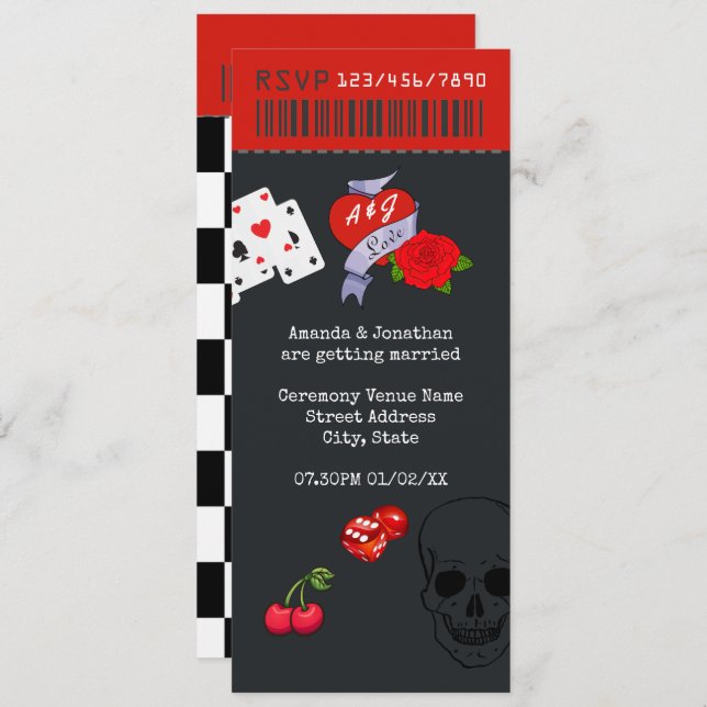 Rockabilly Wedding Ticket Einladung (Vorne/Hinten)