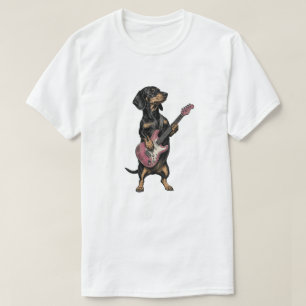 Rocker-Dachshund spielt rosa E-Gitarre T-Shirt