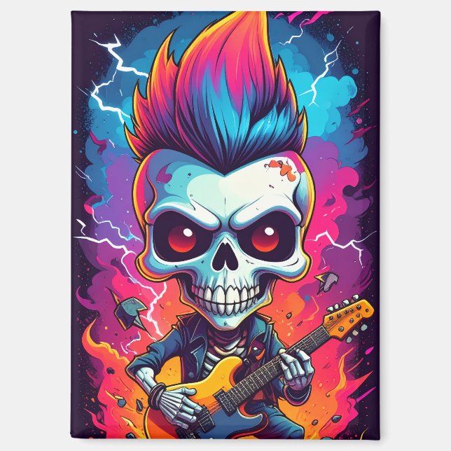 Rocker-Schädel mit Mohawk-Frisur Magnet (Vorderseite)