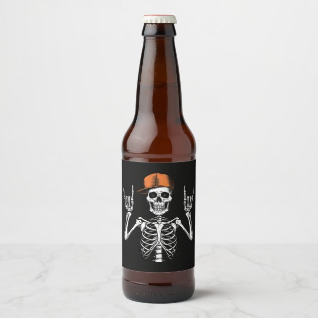 Rocker Skeleton Cap Skater Cool Halloween Punk Bierflaschenetikett (Vorderseite)