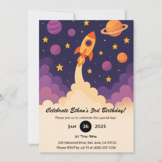  Rocket Adventure & Purple Galaxy Birthday  Einladung