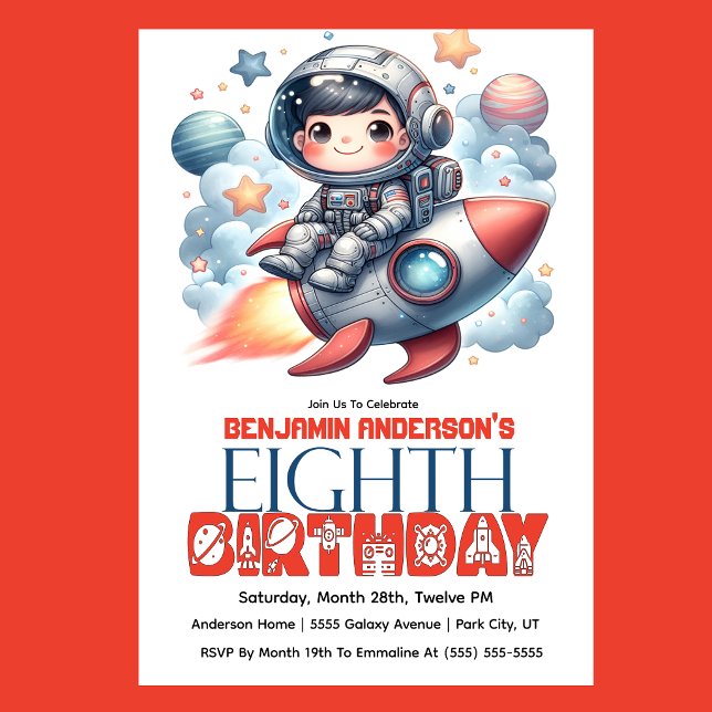 Rocket Astronaut Boy's 8th Birthday Einladung (Space astronaut boy riding rocket 8th birthday party invitation with planets and stars
)