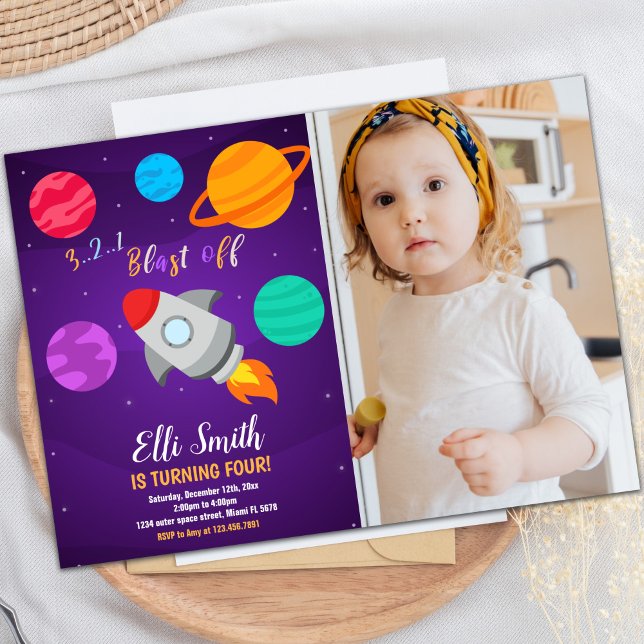 Rocket Blast Off Birthday Einladung mit Foto (Gray Rocket Blast Off Birthday Invitations w photo)