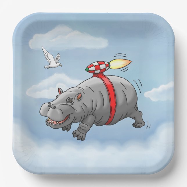 Rocket Hippo Birthday Pappteller (Vorderseite)