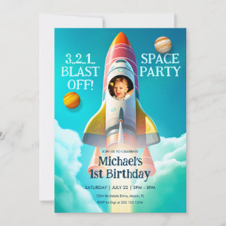 Rocket in Sky Space Thema Geburtstag Einladung