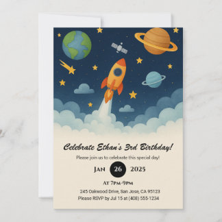 Rocket Launch & Planet Adventure Space Birthday  Einladung