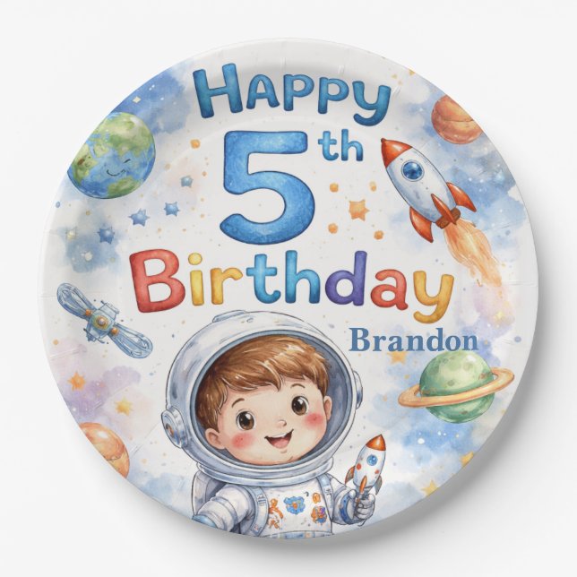 Rocket ship birthday Space Planets Boy Stars Pappteller (Vorderseite)