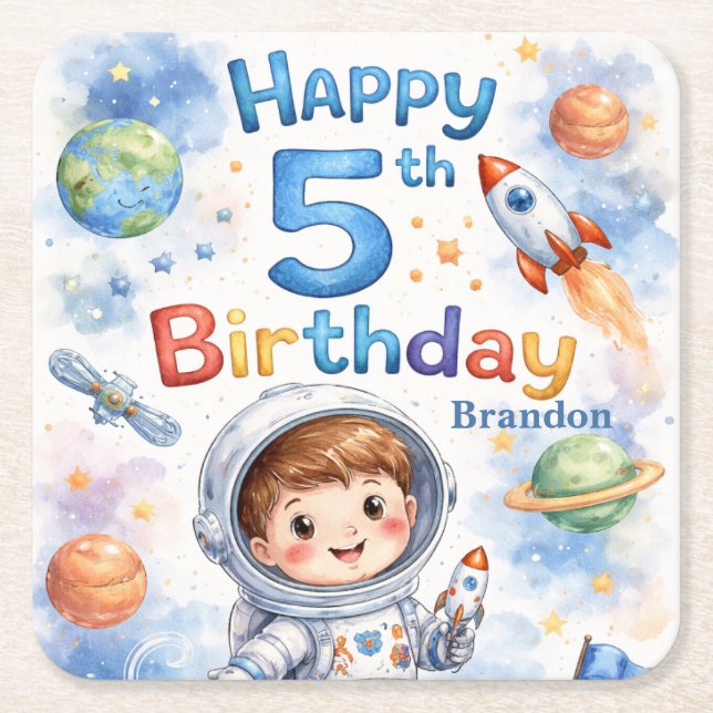 Rocket ship birthday Space Planets Boy Stars Rechteckiger Pappuntersetzer (Vorderseite)