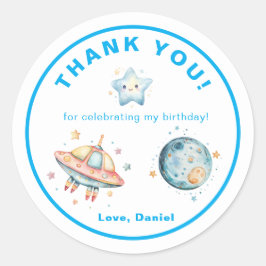 Rocket Ship danke Ihnen am Geburtstag im Weltraum Runder Aufkleber