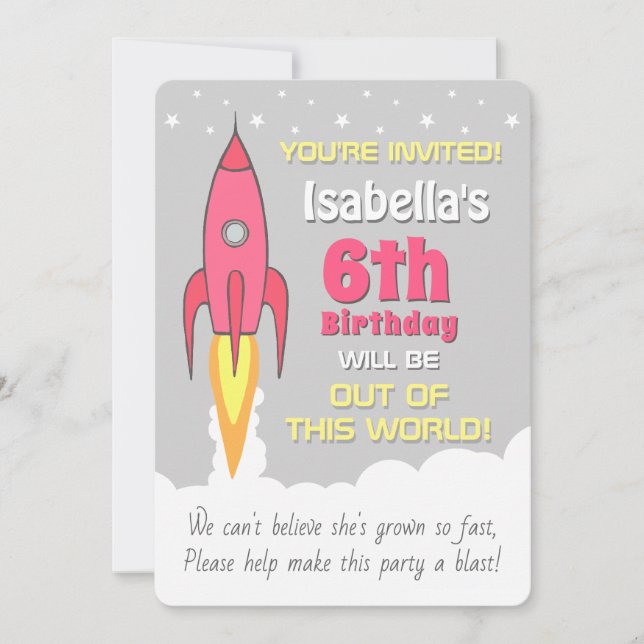 Rocket Ship Girls Weltraum Geburtstag Einladung (Vorderseite)