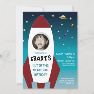 Rocket Ship Out of the World Foto Geburtstag Einladung