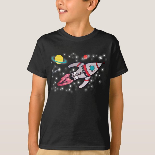 Rocket Space Jungs schwarzer T - Shirt (Vorderseite)
