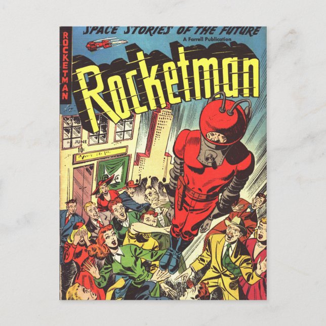 Rocketman Vintage Comicen Postkarte (Vorderseite)