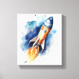 Rocketship Flug durch Sterne Wasserfarbenes Kinder Leinwanddruck
