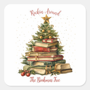 Rockin Around The Bookmas Tree, Buchliebhaber Quadratischer Aufkleber