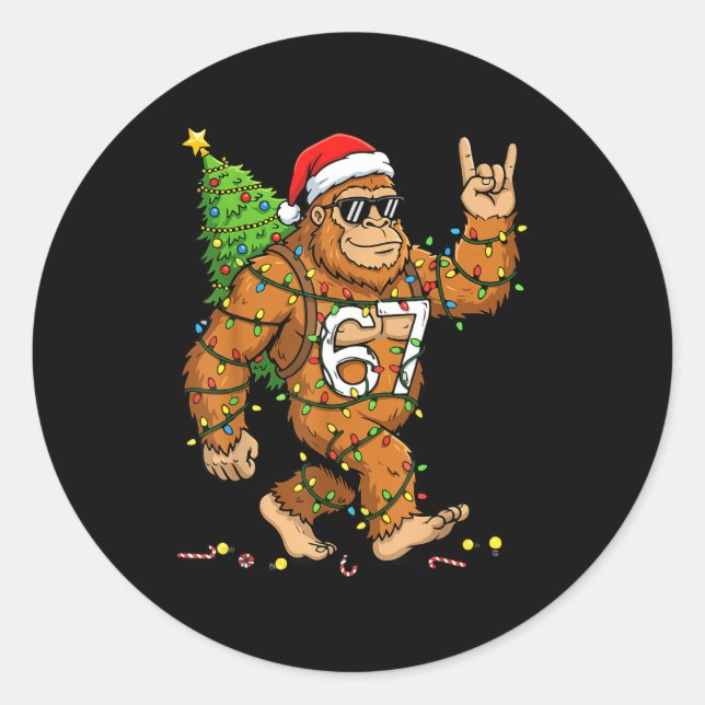 Rockin' Bigfoot Christmas Tree Xmas Lights Funny 6 Runder Aufkleber (Vorderseite)