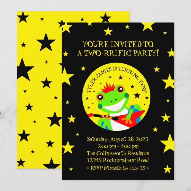 Rockin' Birthday Tree Frog mit Red Guitar Einladung (Vorne/Hinten)