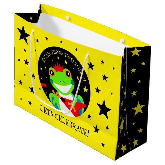 Rockin' Birthday Tree Frog mit Red Guitar Große Geschenktüte (Vorderseite Schrägansicht)
