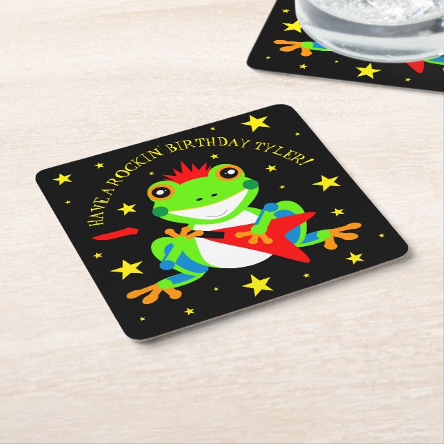 Rockin' Birthday Tree Frog mit Red Guitar Rechteckiger Pappuntersetzer (angewinkelt)