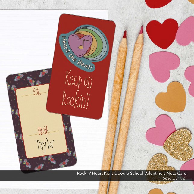Rockin' Heart Kid's Doodle School Valentine Mitteilungskarte (Heart the Beat and Keep on Rockin' Rainbow Doodle Art Kid's School/Classroom Valentine's Day Card)