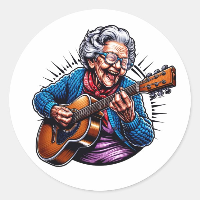 Rockin' Oma Funny Comic Runder Aufkleber (Vorderseite)