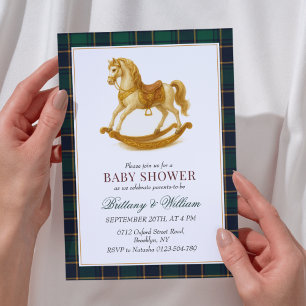 Rocking Horse Baby Dusche Elegante Tartan Kariert Einladung