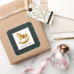 Rocking Horse Baby Dusche Elegante Tartan Kariert Quadratischer Aufkleber