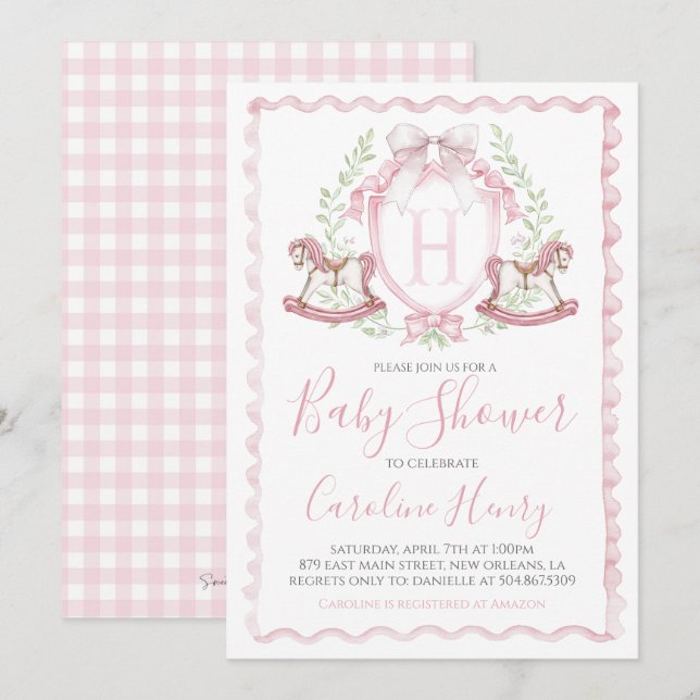 Rocking Horse Baby Shower Pink Gingham Pink Einladung (Vorne/Hinten)