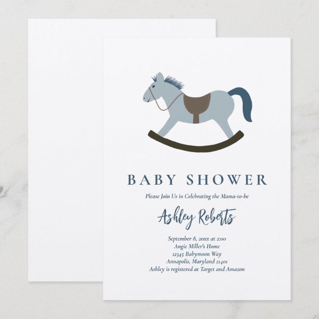 Rocking Horse Blue Baby Dusche Einladung (Vorne/Hinten)