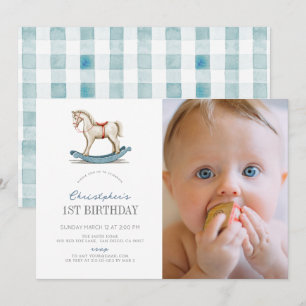 Rocking Horse Blue Boy Foto 1. Geburtstag Einladung