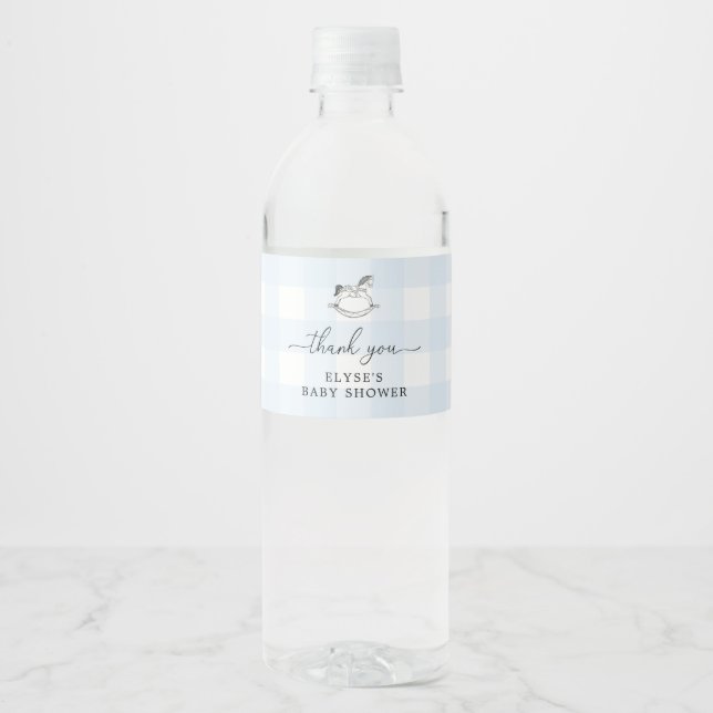 Rocking Horse Blue Gingham Gefallen Wasser Flasche (Vorderseite)
