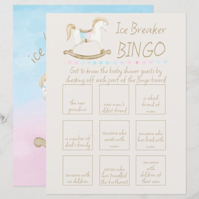 Rocking Horse Blue Pink Baby Shower Bingo (Vorne/Hinten)