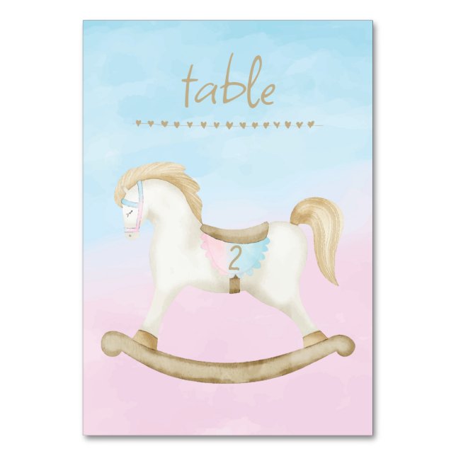 Rocking Horse Blue Pink Gender Baby Tischnummer (Vorderseite)