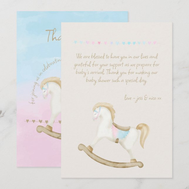 Rocking Horse Blue Pink Gender Neutral Baby Dusche Dankeskarte (Vorne/Hinten)